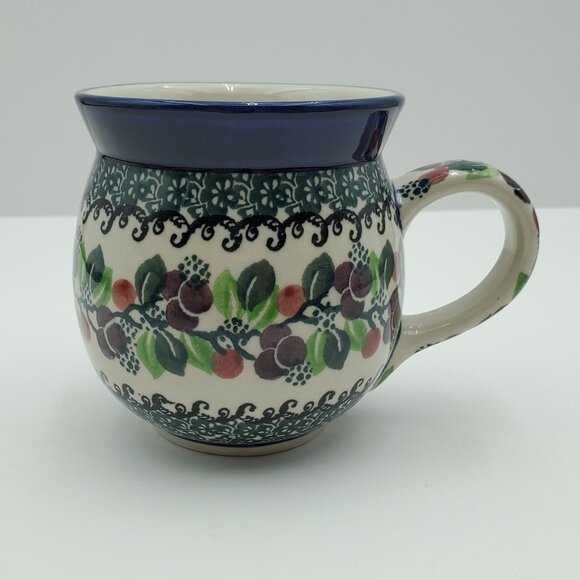 Polish Pottery Burgundy Berry Bubble Mug Purple Red Berries Green Accents - Picture 3 of 9